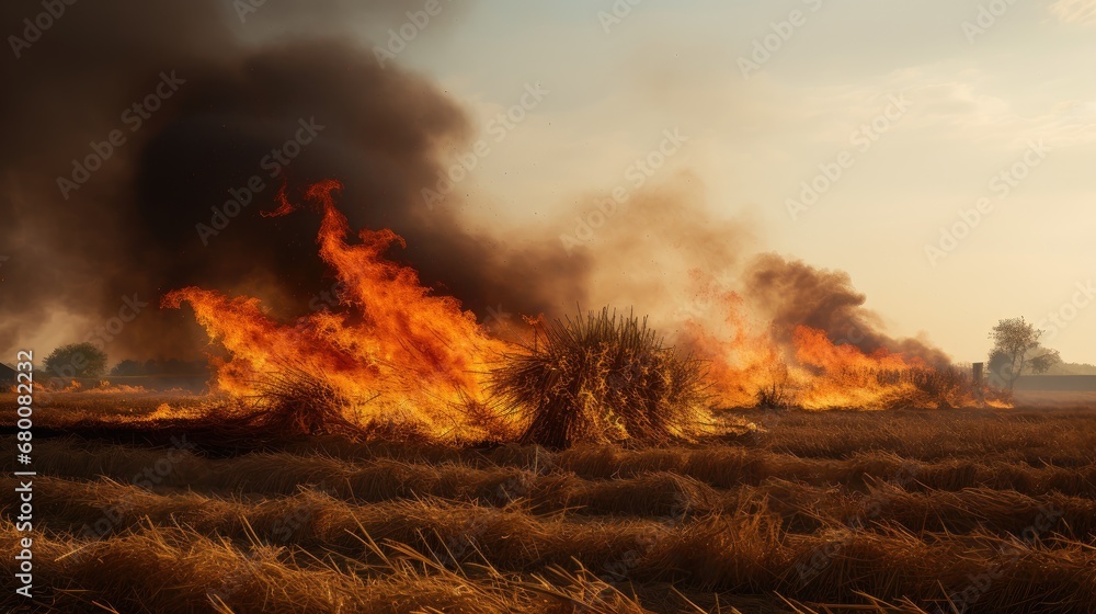 Fototapeta premium seasonal fieldwork with a captivating image of straw burning in a rural landscape.
