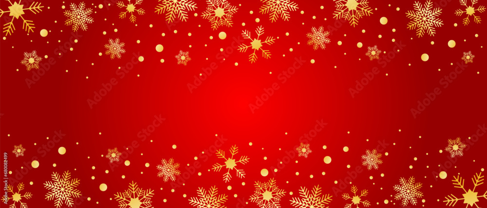 Golden decoration festive border falling glitter dust, snow and stars. Merry Christmas sale banner. Gold snowflake on red background. Luxury Christmas garland. Vector illustration EPS 10 Golden decoration festive border falling glitter dust, snow and stars. Merry Christmas sale banner. Gold snowflake on red background. Luxury Christmas garland. Vector illustration EPS 10