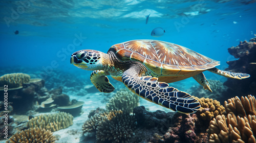 Turtle spotted on Great Barrier Reef With copy space