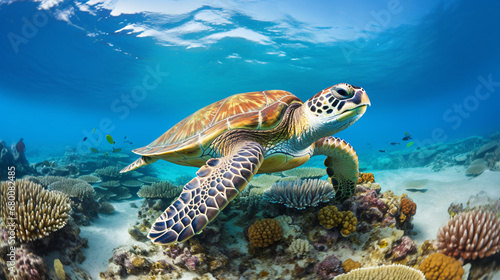Turtle spotted on Great Barrier Reef With copy space © UsamaR