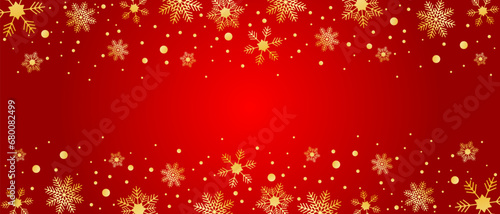 Golden decoration festive border falling glitter dust, snow and stars. Merry Christmas sale banner. Gold snowflake on red background. Luxury Christmas garland. Vector illustration EPS 10