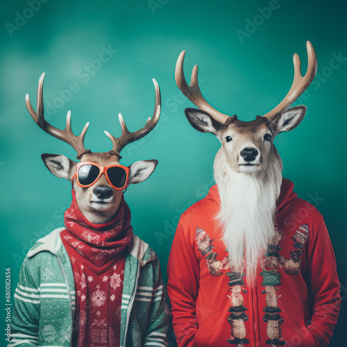 Portrait of two reindeers standing and wearing christmas clothes.