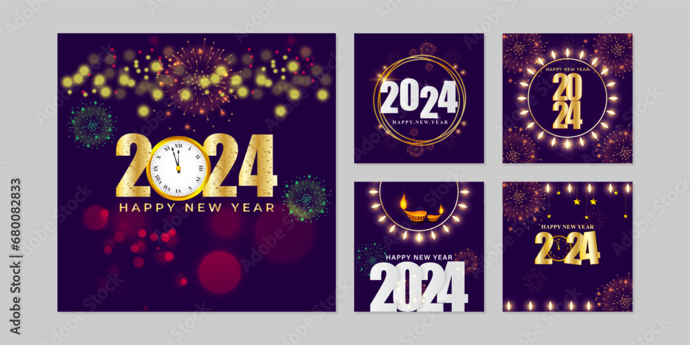 Vector illustration of Happy New Year social media feed set template