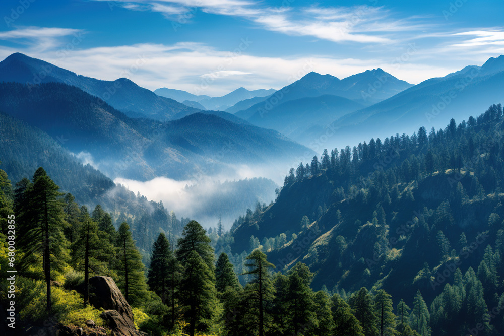 Fototapeta premium Mountain range with a blue sky. Generative Ai