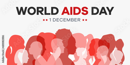 World AIDS Day Banner Background Illustration. World AIDS Day. Long horizontal banner with red ribbon, space for text and diverse people. Vector flat illustration 1 December

