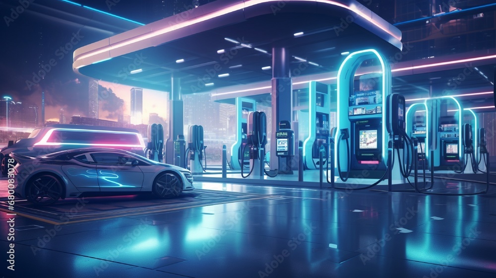 a digital city where avant-garde charging stations redefine urban aesthetics. Picture stylized electric cars connecting seamlessly, paving the way for a cleaner, more efficient future in mobility. - obrazy, fototapety, plakaty 