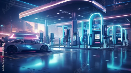 a digital city where avant-garde charging stations redefine urban aesthetics. Picture stylized electric cars connecting seamlessly, paving the way for a cleaner, more efficient future in mobility. photo