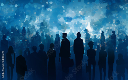 Wallpaper Mural dynamic abstract concept where silhouetted figures form diverse postures, casting shadows on serene blue palette, captures a collective mood and a range of activities. Generative AI. Torontodigital.ca