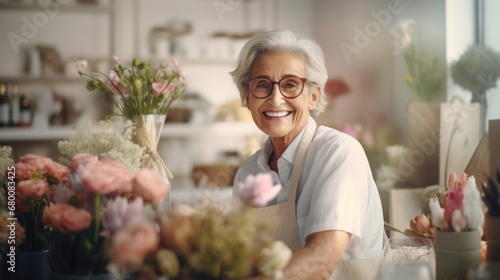 Mature woman manager director boss, business owner, 50, 60, 70 years old in small flower shop, works as florist, makes bouquets. Retirees returning back to work, elderly employees, Unretirement photo