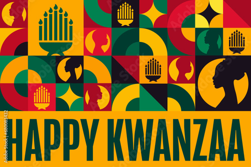 Happy Kwanzaa. Holiday concept. Template for background, banner, card, poster with text inscription. Vector EPS10 illustration.