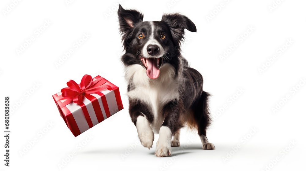 Puppy love delight: Embrace the charm of St. Valentine's Day with a funny portrait of a cute border collie holding a gift