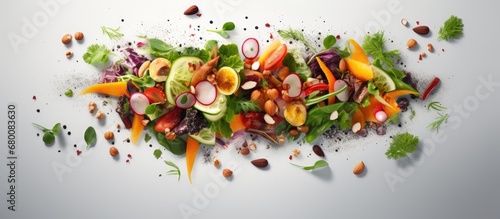 Nutritious plant based salad with rhubarb peppers herbs and nuts Copy space image Place for adding text or design