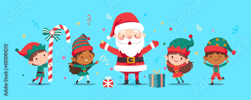 Illustration of Christmas elves and Santa Claus jump and dance joyfully. Set of little Santa's helpers with holiday gifts and decorations. Adorable cartoon characters. Flat vector illustration.