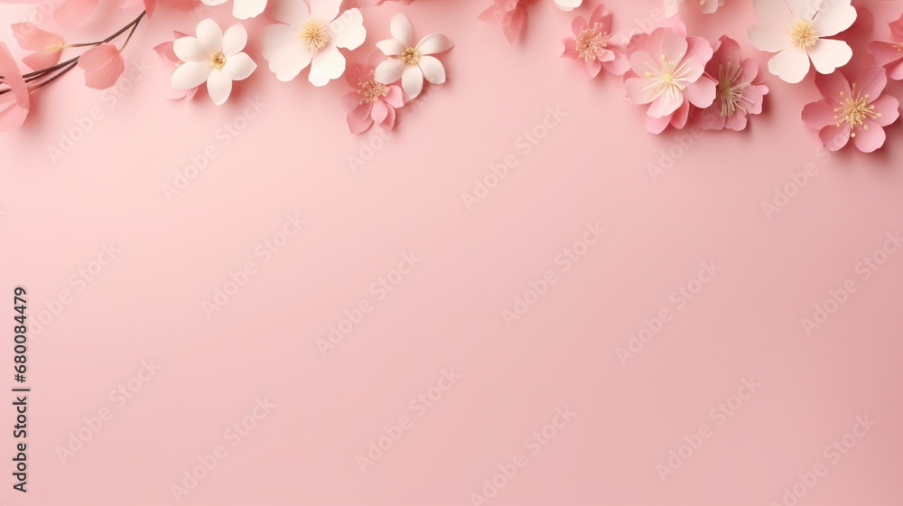 a floral background on light pink--a versatile greeting card template for weddings, Mother's Day, or Woman's Day. Flat lay style with ample copy space.