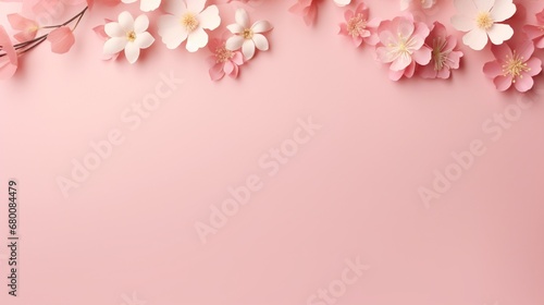 a floral background on light pink--a versatile greeting card template for weddings  Mother s Day  or Woman s Day. Flat lay style with ample copy space.