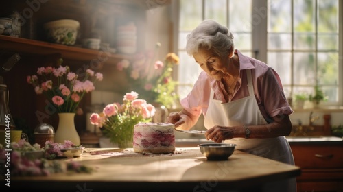 Mature woman confectioner, small business owner, 50, 60, 70 years old, making cakes, pastries in home workshop in kitchen. Concept of retirees returning back to work, elderly employees, Unretirement photo