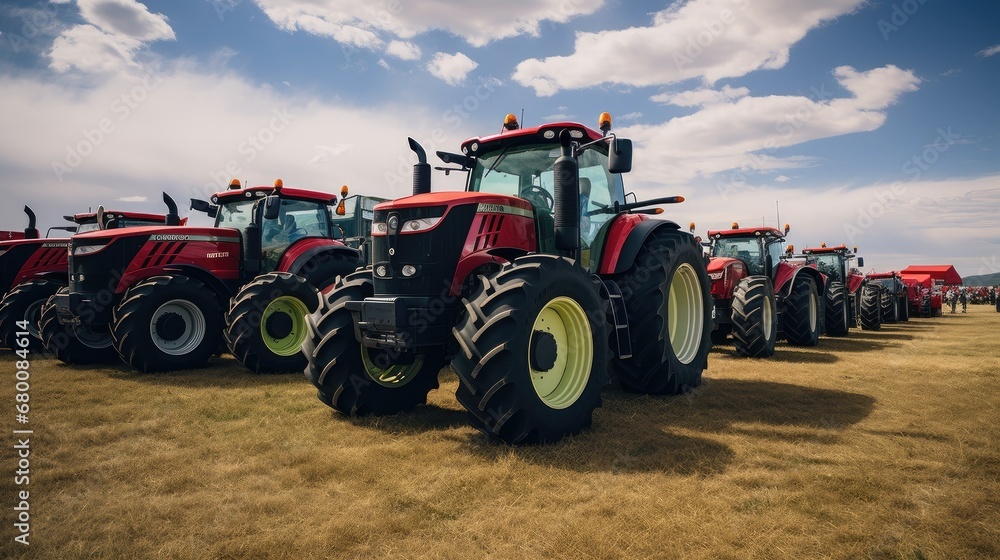 Obraz premium Farming excellence: A captivating image of an exhibition where new tractors are lined up in a precise row, showcasing the latest advancements in agricultural technology.