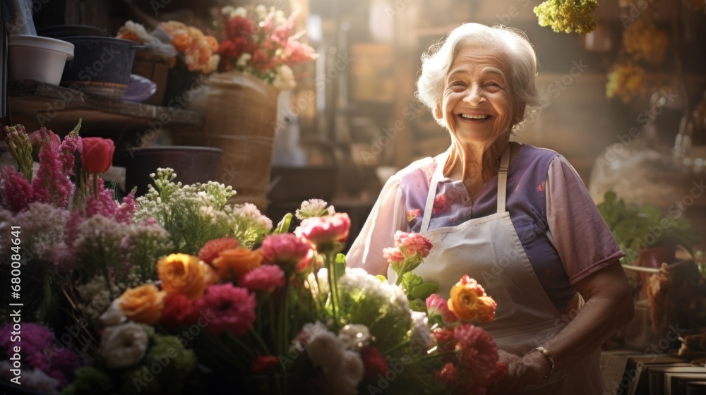 Mature woman business owner, 50, 60, 70 years old in a small flower shop market, works as a florist, makes bouquets. Concept of retirees returning back to work, elderly employees, Unretirement - obrazy, fototapety, plakaty 