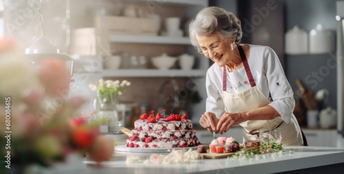 Mature woman confectioner, small business owner, 50, 60, 70 years old, making cakes, pastries in home workshop in kitchen. Concept of retirees returning back to work, elderly employees, Unretirement
