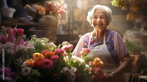 Mature woman business owner, 50, 60, 70 years old in a small flower shop market, works as a florist, makes bouquets. Concept of retirees returning back to work, elderly employees, Unretirement © OlgaChan