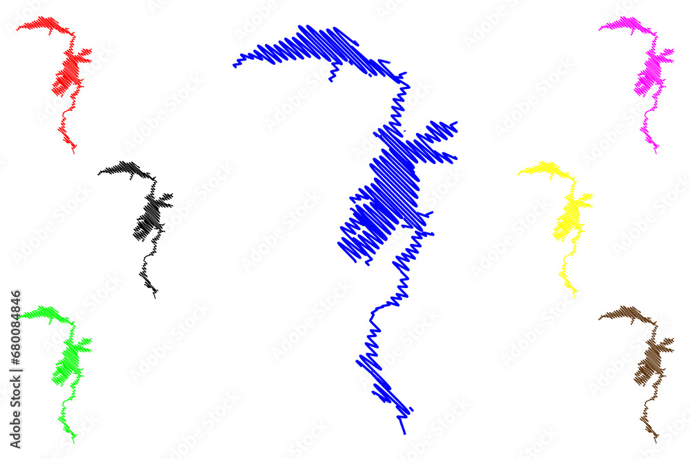 Obraz premium Lake Pathfinder Reservoir (United States of America, North America, us, usa, Wyoming) map vector illustration, scribble sketch Pathfinder Dam map