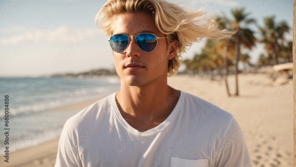 Portrait of a cool male model wearing glasses on holiday at the beach