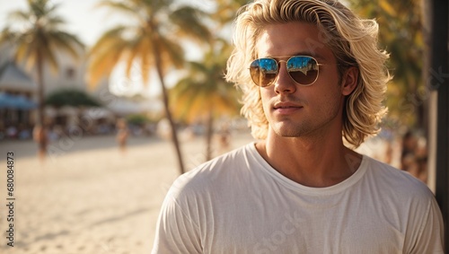 Portrait of a cool male model wearing glasses on holiday at the beach