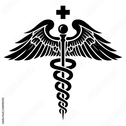 Caduceus health symbol Asclepius's Wand icon black color, silhouette, vector, illustration