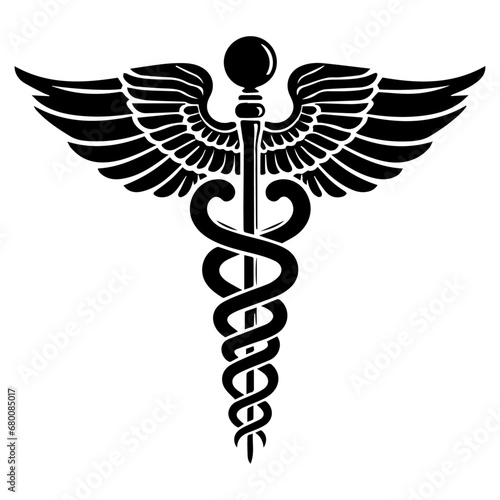 Caduceus health symbol Asclepius's Wand icon black color, silhouette, vector, illustration photo