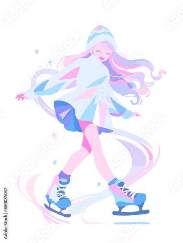 Girl ice skating flat vector illustration