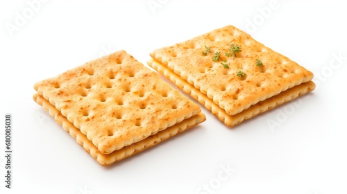 Crispy delight: Two sides of a delicious square cracker isolated on a white background, capturing the crunchy texture and savory appeal.