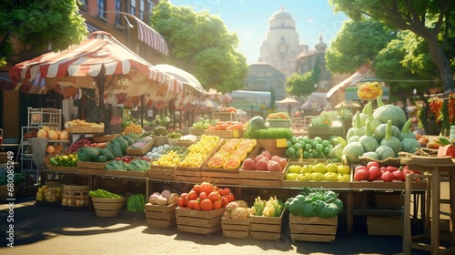 Experience the sunny streets of a city, where a local farmer's shop graces an outdoor market with an assortment of fresh fruits and vegetables. 