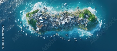 Oceanic environmental disaster Plastic Island an aerial perspective of the Great Pacific Garbage Patch or Pacific Trash Vortex dominated by plastic light metals and organic debris Copy space im
