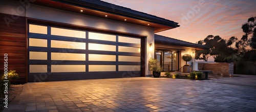 Luxurious home exterior Garage door with sunset backdrop Copy space image Place for adding text or design photo