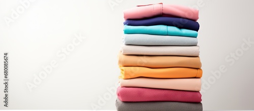 Neatly folded assortment of pastel shirts and sweaters on white background Copy space image Place for adding text or design