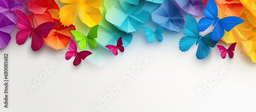 Multicolored paper backdrop with origami butterflies representing Zero Discrimination Day Blank area for message Copy space image Place for adding text or design