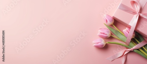 Mother s Day concept Top view photo of a pink giftbox with a ribbon and bouquet of tulips on a pastel pink background with space for text Copy space image Place for adding text or design photo