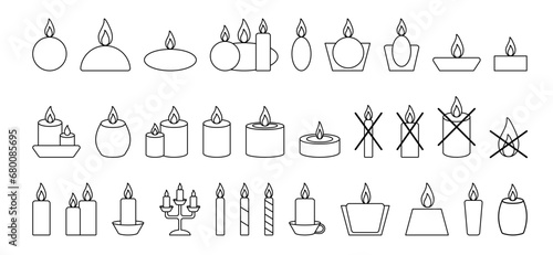 Vector set candles icons Black stroke line Candles symbol rectangular, round, trapezoid. Crossed out