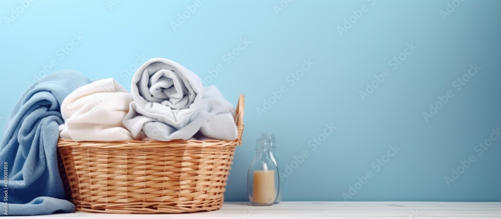 Laundry basket alongside washing machine with text space Copy space image Place for adding text or design - obrazy, fototapety, plakaty 
