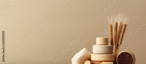 Minimalist skincare items on a beige background soap brush washcloths Copy space image Place for adding text or design photo