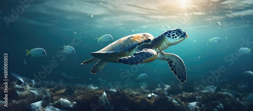Ocean pollution caused by plastic bottles threatens sea turtles Copy space image Place for adding text or design