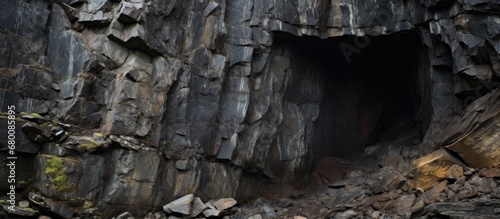 Mineral historic mine entrance to cave in Spro Nesodden Norway Copy space image Place for adding text or design photo