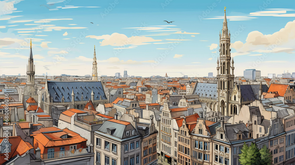 Drawing of Brussels with landmark and popular for tourist attractions - obrazy, fototapety, plakaty 