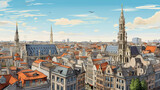 Drawing of Brussels with landmark and popular for tourist attractions