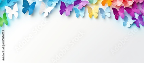 Multicolored paper backdrop with origami butterflies representing Zero Discrimination Day Blank area for message Copy space image Place for adding text or design photo