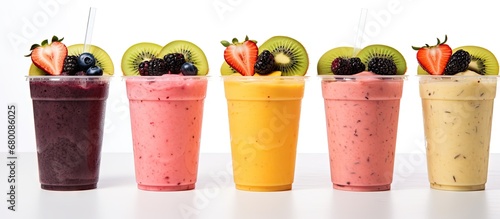 Mixed fruit smoothies on white background with black currant strawberry kiwi orange and banana Copy space image Place for adding text or design photo