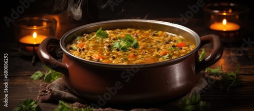 Lentil soup made at home in a little pot Copy space image Place for adding text or design
