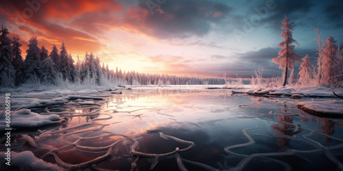 Picturesque winter sunny landscape with ice lake surrounded by trees. Ice lake with clear frozen water, nobody.