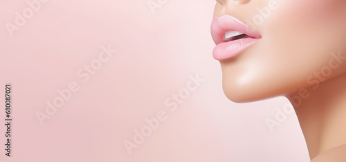 Young beautiful woman with plump glossy lips isolated on pastel background with copy space. Banner for cosmetologist, beauty salon, injection lip with hyaluronic acid. photo