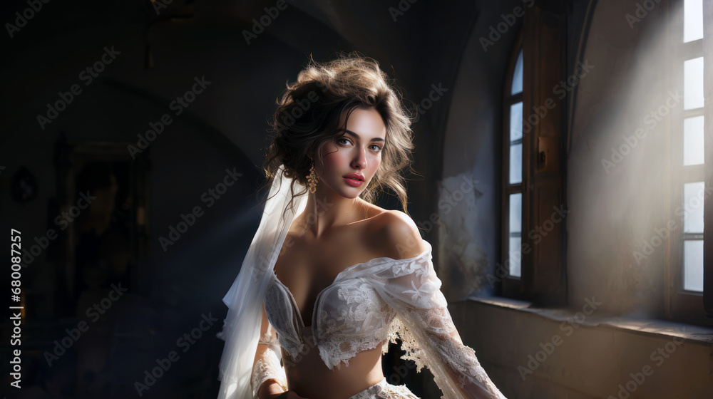 Fototapeta premium bride posing with white wedding gown portrait elegant luxurious dress bridal 